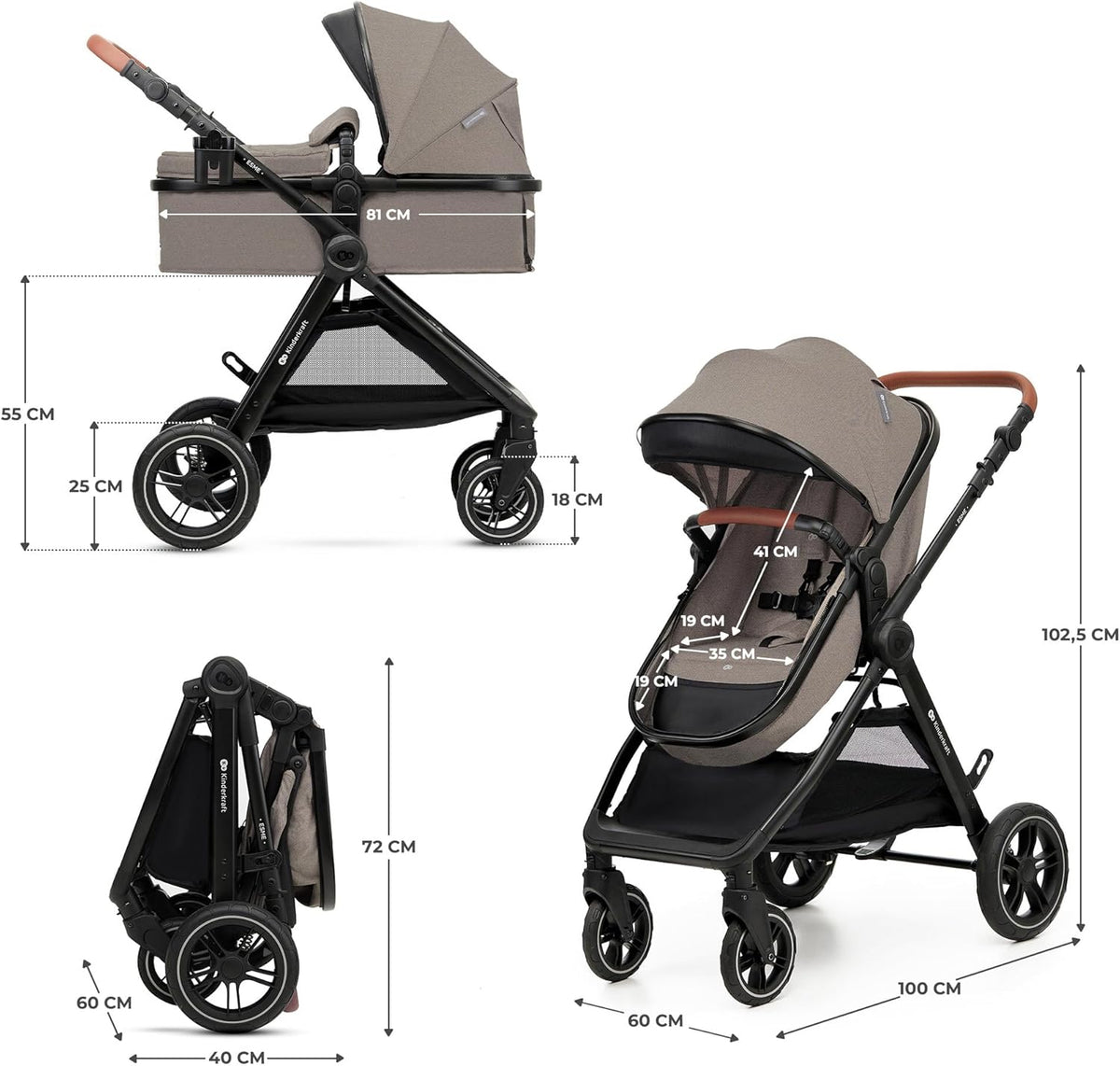 Kinderkraft ESME Mink Pro I-Size 3-in-1 autostoel met draagzak, reissysteem, babybuggy, opvouwbare kinderwagen, voor pasgeborenen tot 4 jaar, beige