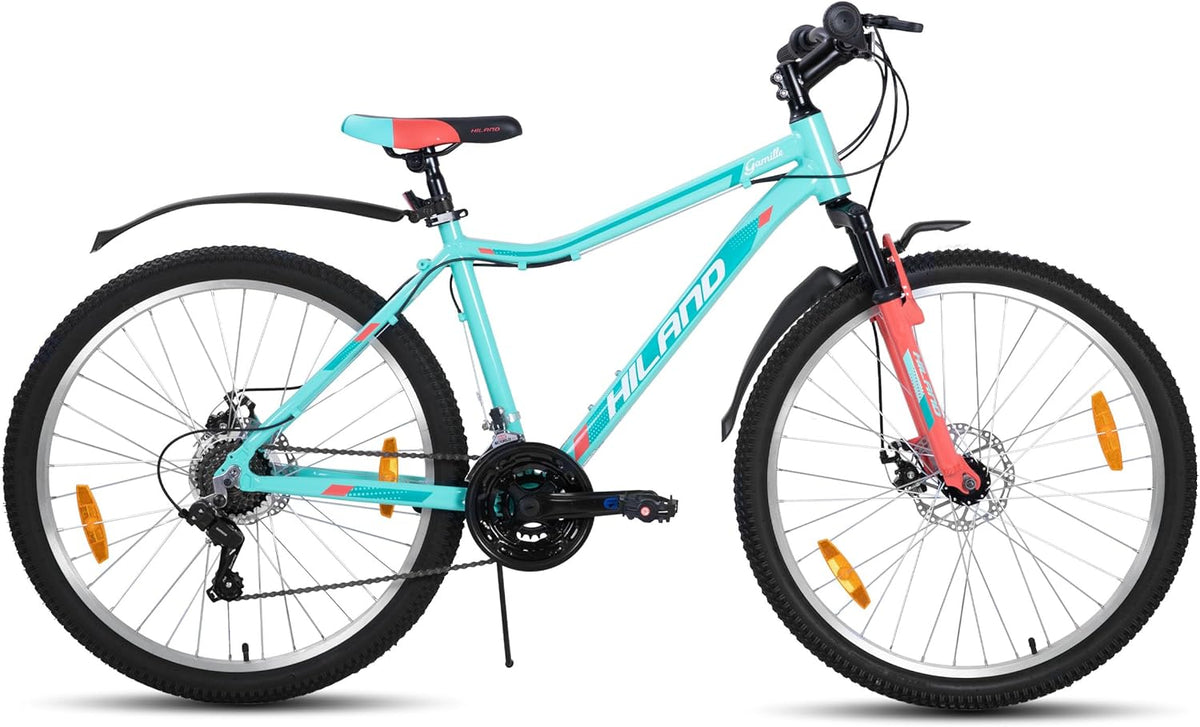 Hiland Mountainbike voor dames, 26 inch, aluminium frame, 18 versnellingen, MTB voor vrouwen, dames en meisjes, mountainbike met dubbele schijfrem, verende vork, mintgroen