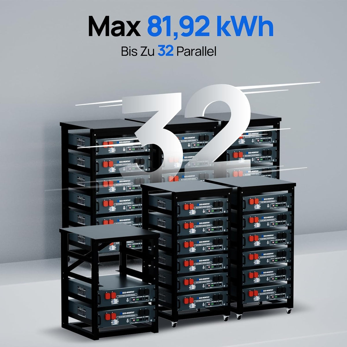 ECO-WORTHY LiFePO4 48V 50Ah Bluetooth with 100A BMS, 2.56 kW 48 V Lithium Battery, Solar Server Cabinet for Solar System, Complete Set, Photovoltaic Installation - QUORE
