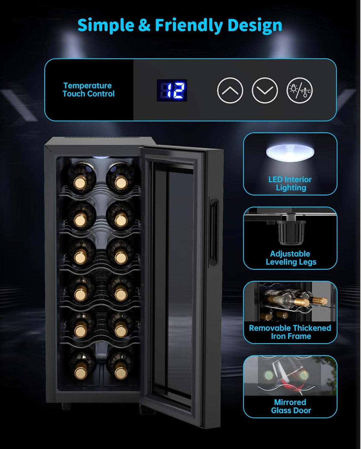 WIE Wijnkoelkast 1 zone 33 liter 12 flessen drankkoelkast wijnkast kleine wijnkoelkast mini met glazen deur volledig glazen designdeur met LED-touchpanel anti-UV wijnkoelkast