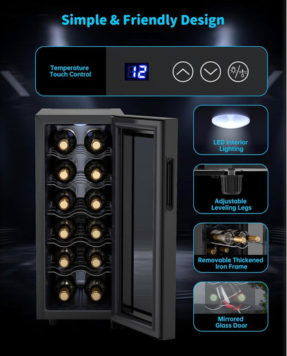 WIE Wijnkoelkast 1 zone 33 liter 12 flessen drankkoelkast kleine wijnkoelkast mini met glazen deur volledig glazen designdeur met LED-touchpanel anti-UV