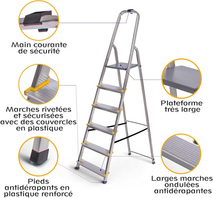 DURA Trapladder met 6 treden, opvouwbaar, licht opstapje van aluminium, platformhoogte 119 cm, antislip voeten, belasting 150 kg, 5 jaar garantie Hoström