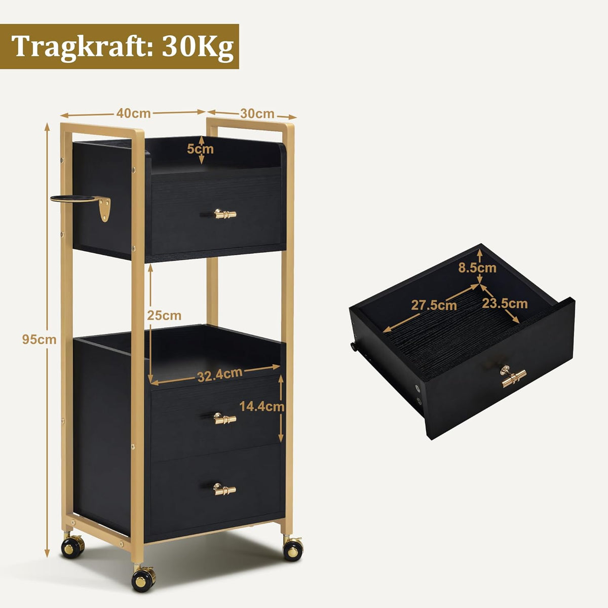 Werkwagen – Kapperswagen – Servicetrolley – Salontrolley – Werktafel – 3 Lades & 2 Planken – 360° Zwenkwieltjes Met Rem