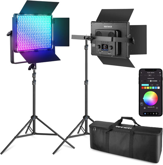 NEEWER 2-pack PL60C RGB videolamp LED-paneel continu licht set met 2 m licht statief/tas APP/2,4 G/DMX besturing 60W 23000Lux/0,5 m 2500K-10000K 18 scènes RGBCW Pro fotografie studioverlichting