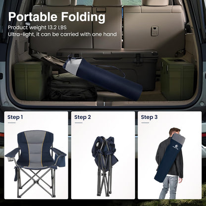 HIGH POINT SPORTS Oversized draagbare campingklapstoel, opvouwbare buitenstoelondersteuning 400 pond, arm gazonstoel met bekerhouder en koeltas voor volwassene, blauw