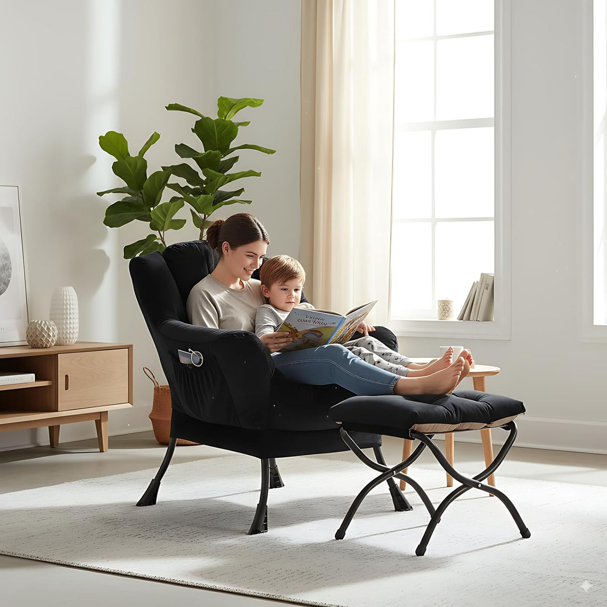 Comfortabele fauteuil met voetenbank, Lazy Chair met ottomane, vrijetijdsaccentstoel, relax-loungestoel met armleuningen en zijzak voor woonkamer, slaapkamer en kleine ruimtes, zwart