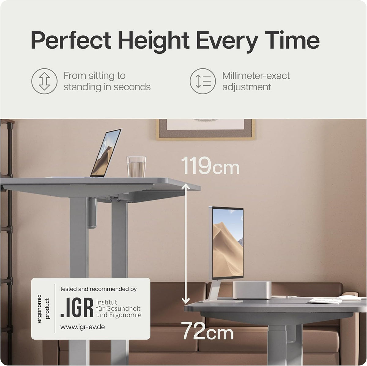 Desktronic Desk HomeOne Frame - Height Adjustable Desk, Standing Desk, Table Frame, Height Adjustable, Electric Desk with Touch Screen and Charging Ports, Grey - QUORE