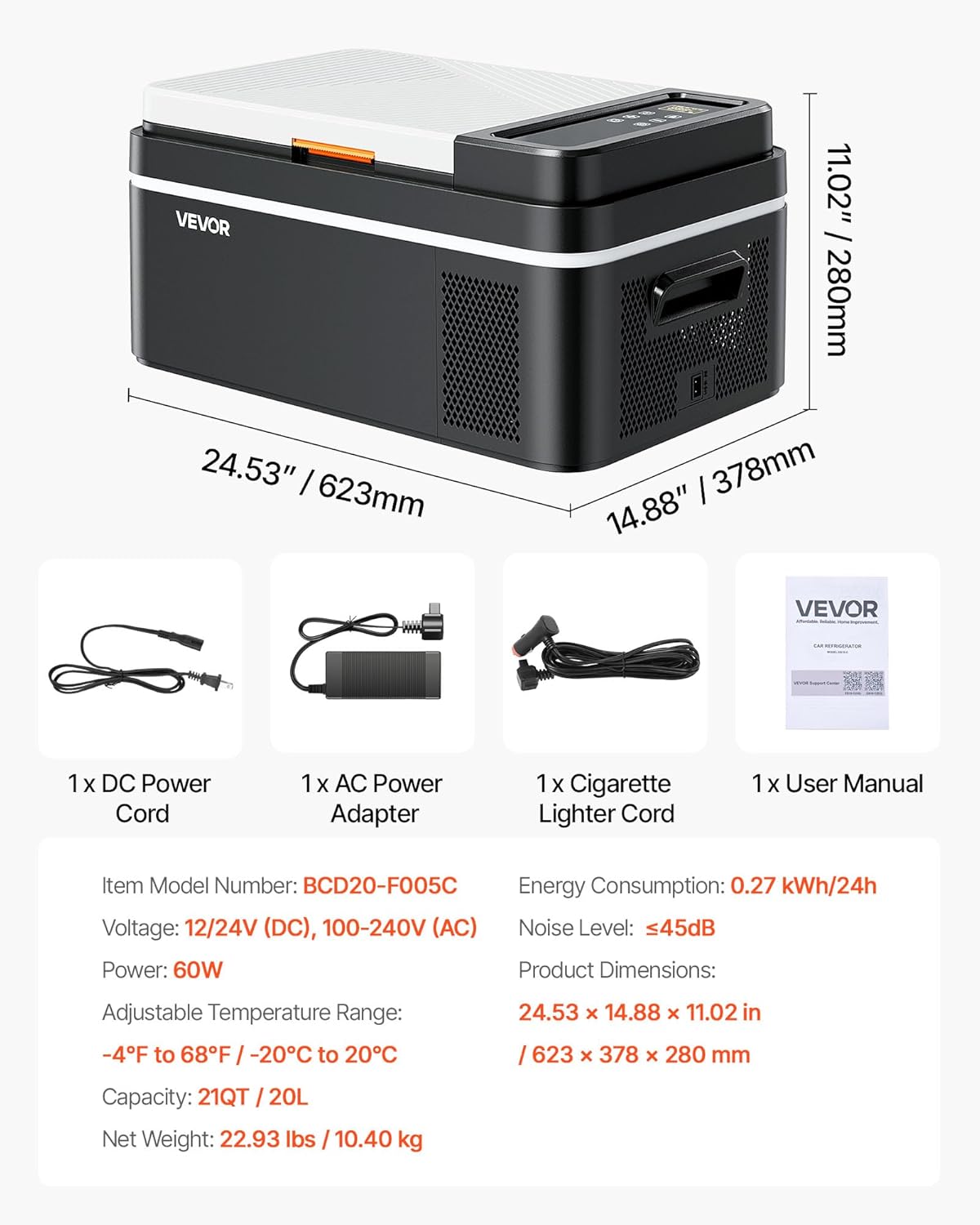 VEVOR Draagbare elektrische auto-koelbox, 20 l, draagbare mini-koelkast voor auto, werking DC 12 V 24 V, AC 100 V tot 240 V, instelbare temperatuur van -20 °C tot 20 °C, voor camper, reizen, boot