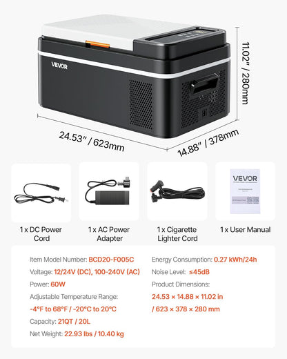 VEVOR Draagbare elektrische auto-koelbox, 20 l, draagbare mini-koelkast voor auto, werking DC 12 V 24 V, AC 100 V tot 240 V, instelbare temperatuur van -20 °C tot 20 °C, voor camper, reizen, boot