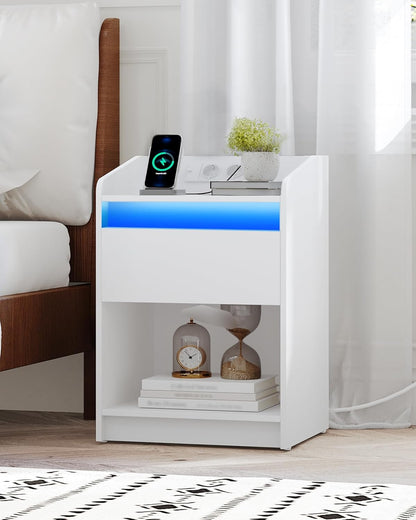 Hzuaneri Bedside Table with LED Light, Side Table with Charging Station, 1 Storage Drawer, Bedside Table for Bedroom, Living Room, 2 USB Ports, 2 Sockets, Set of 2, White NS09003X