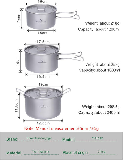 iBasingo Camping Kookpot Set 1.2L & 1.8L & 2.4L Outdoor Titanium Kookgerei Saus Pot Solo Hot Pot Lichtgewicht Draagbare Reizen Steelpan Koken Kit Backpacken Apparatuur Ti2109C