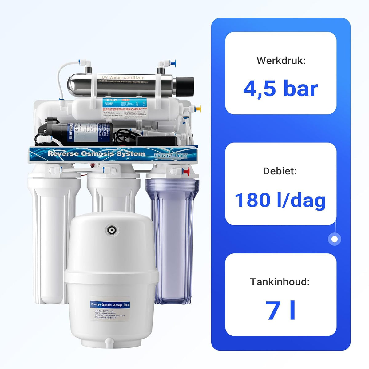 Naturewater 6-traps waterfilter 180 l/dag, filter met omgekeerde osmose, osmosefilter met opvoerpomp en UV-zuiveraar, filter voor schoon water met omgekeerde osmosesyseem