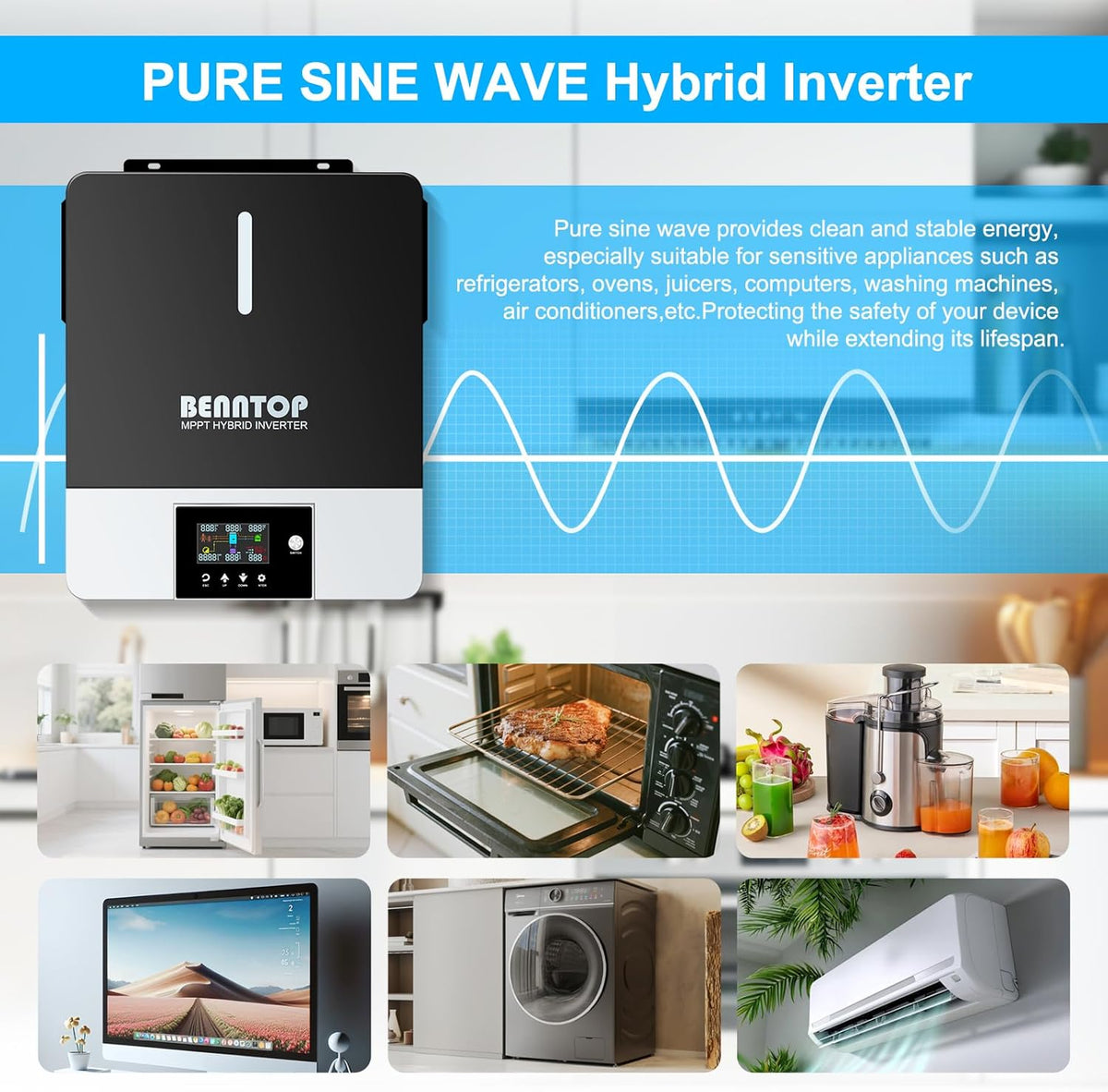 Hybride omvormer, zuivere sinus, 5500 W, 48 V DC naar 220/230 V AC zonne-omvormer, PV max.500 V, Avec Chargeur Solaire 120 A, MPPT voor netonafhankelijke loodzuur-lithiumbatterij