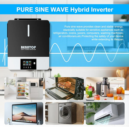 Hybride omvormer, zuivere sinus, 6200 W, 48 V DC naar 220/230 V AC zonne-omvormer, PV max.500 V, Avec Chargeur Solaire 120 A, MPPT voor netonafhankelijke loodzuur-lithiumbatterij