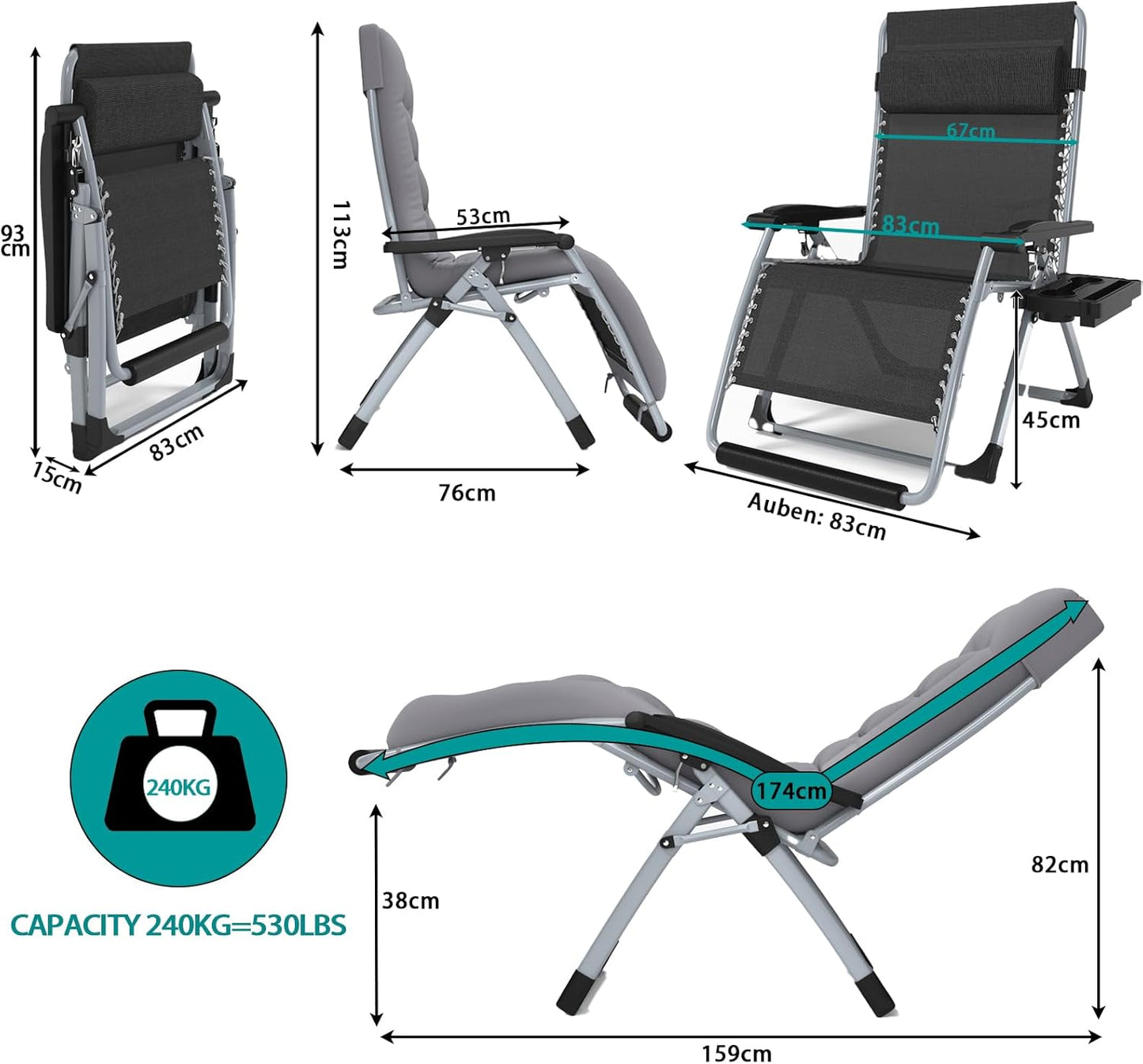 Ligstoel, tuin, relaxstoel, tuin, buiten, met verstelbaar kussen, ligstoel, relaxstoel, voor zwembad, vissen, strand, camping, 200 kg