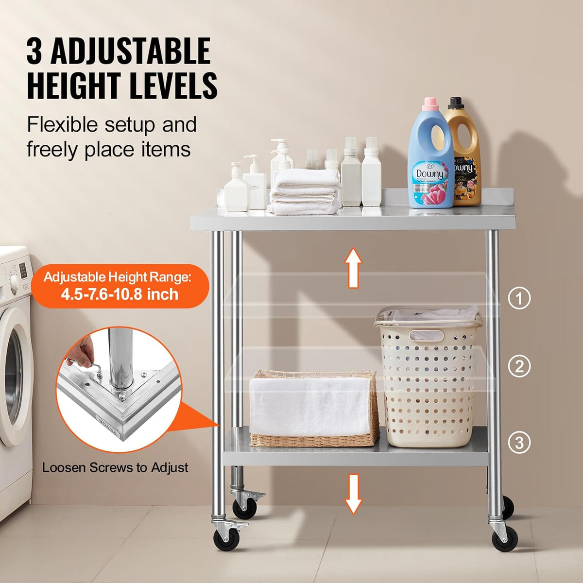 VEVOR Commercial Food Wheels, 24 x 36 x 40 cm, Heavy Duty Work Table, Metal Work Table with Adjustable Height for Restaurant, Home and Hotel, Silver, 61 x 90 x 100 cm