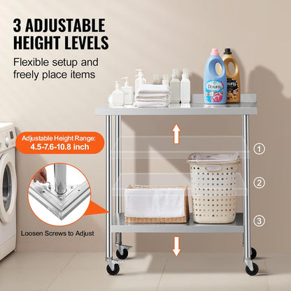 VEVOR Commercial Food Wheels, 24 x 36 x 40 cm, Heavy Duty Work Table, Metal Work Table with Adjustable Height for Restaurant, Home and Hotel, Silver, 61 x 90 x 100 cm