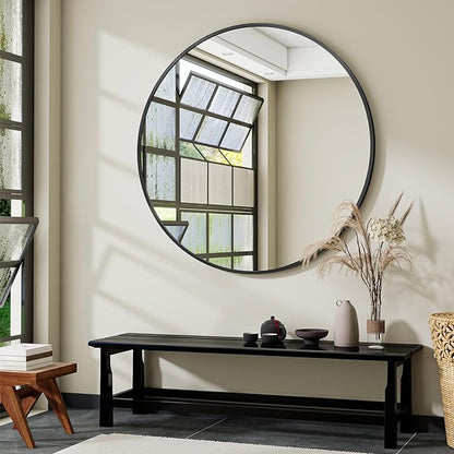 Wandspiegel – Ronde Spiegel – Passpiegel – Badkamerspiegel – Hangspiegel – 106 cm – Zwart Aluminium Frame