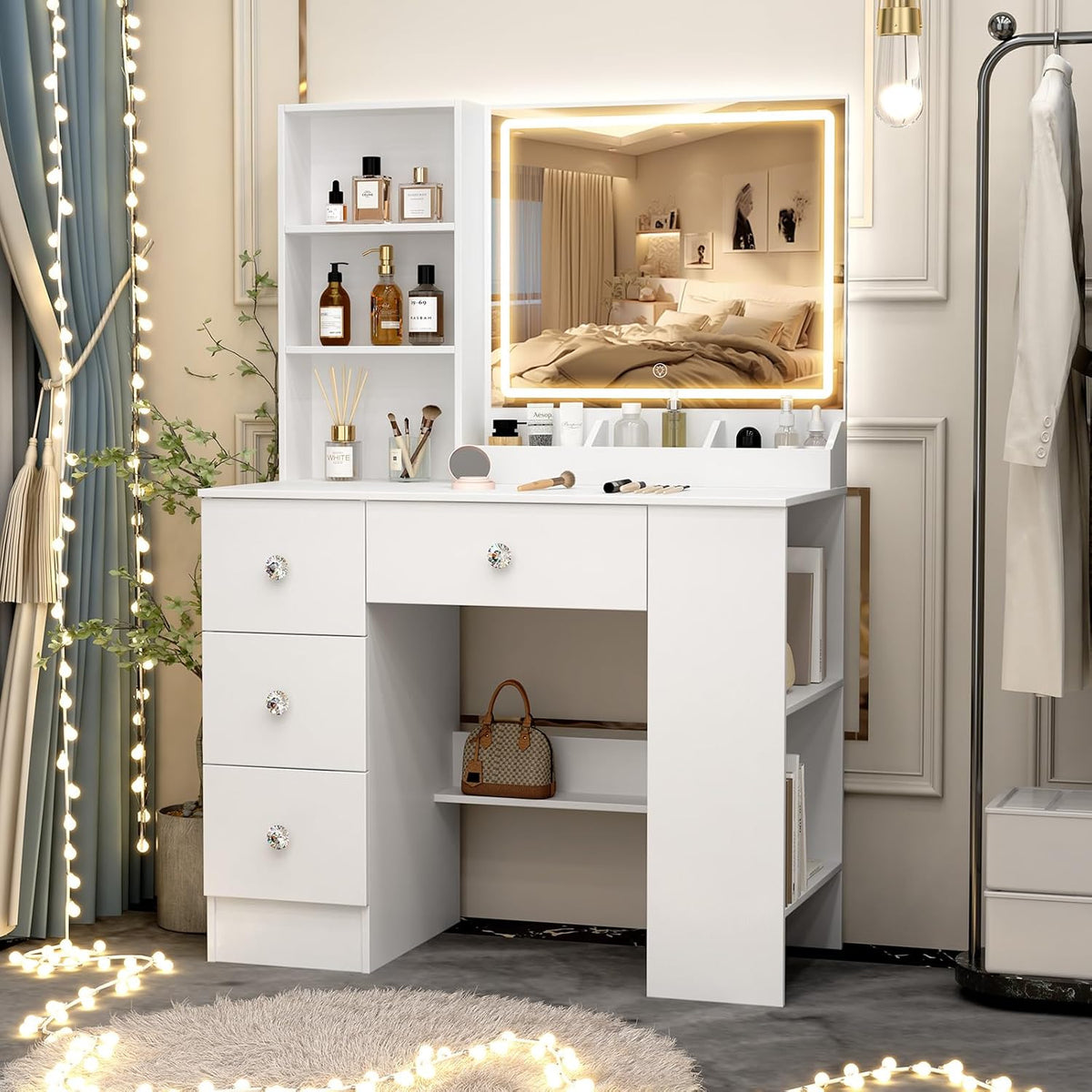 3-in-1 Bureau Kaptafel met LED Spiegel | Multifunctioneel Meubel voor Make-up, Werk & Nachtkastje | Moderne Witte Kaptafel met 4 Lades