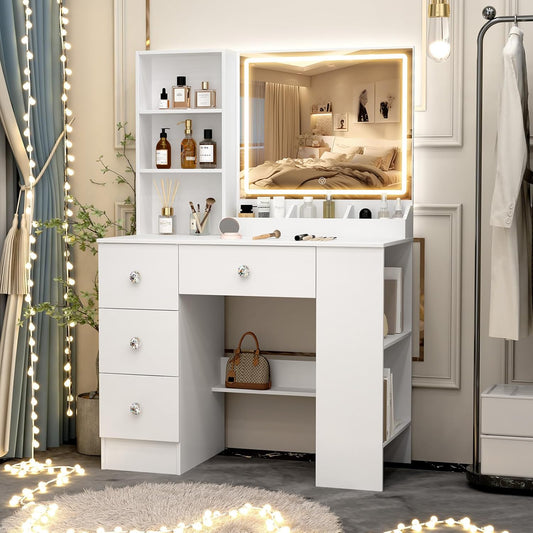 3-in-1 Bureau Kaptafel met LED Spiegel | Multifunctioneel Meubel voor Make-up, Werk & Nachtkastje | Moderne Witte Kaptafel met 4 Lades