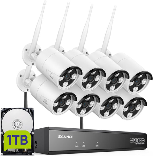 SANNCE 8CH 5MP NVR draadloze bewakingsset met harde schijf 1 TB, 8 x 3 MP videobewakingscamera, waterdicht IP66 voor binnen en buiten, externe toegang, bewegingsalarm