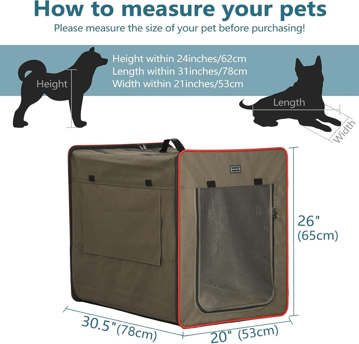 Petsfit Hondenbox, opvouwbaar, met 3 cm dikke pluchen mat, draagbare transportbox voor honden, hondentransportbox voor grote honden, geschikt voor binnen en buiten, bruin, L 79 x 53,5 x 66 cm