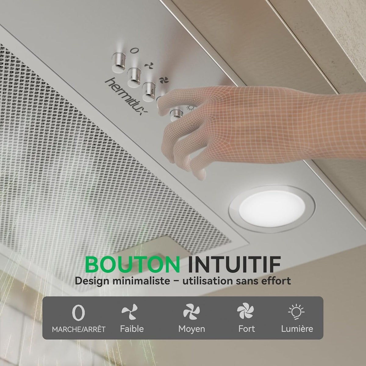 Hermitlux Afzuigkap, 52 cm, inbouw, keukenafzuigkap, luchtstroom 750 m³/h, 68 dB, LED-verlichting, koolstoffilter, roestvrij staal