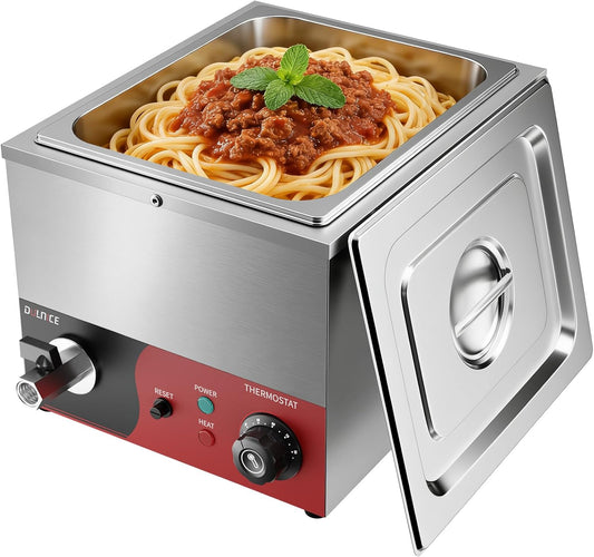 Bain Marie Elektrisch GN 1/2 met reset, elektrische voedselverwarmer, 600 W, roestvrij staal, met afvoerkraan voor feestjes, catering en restaurants, 30-85 °C