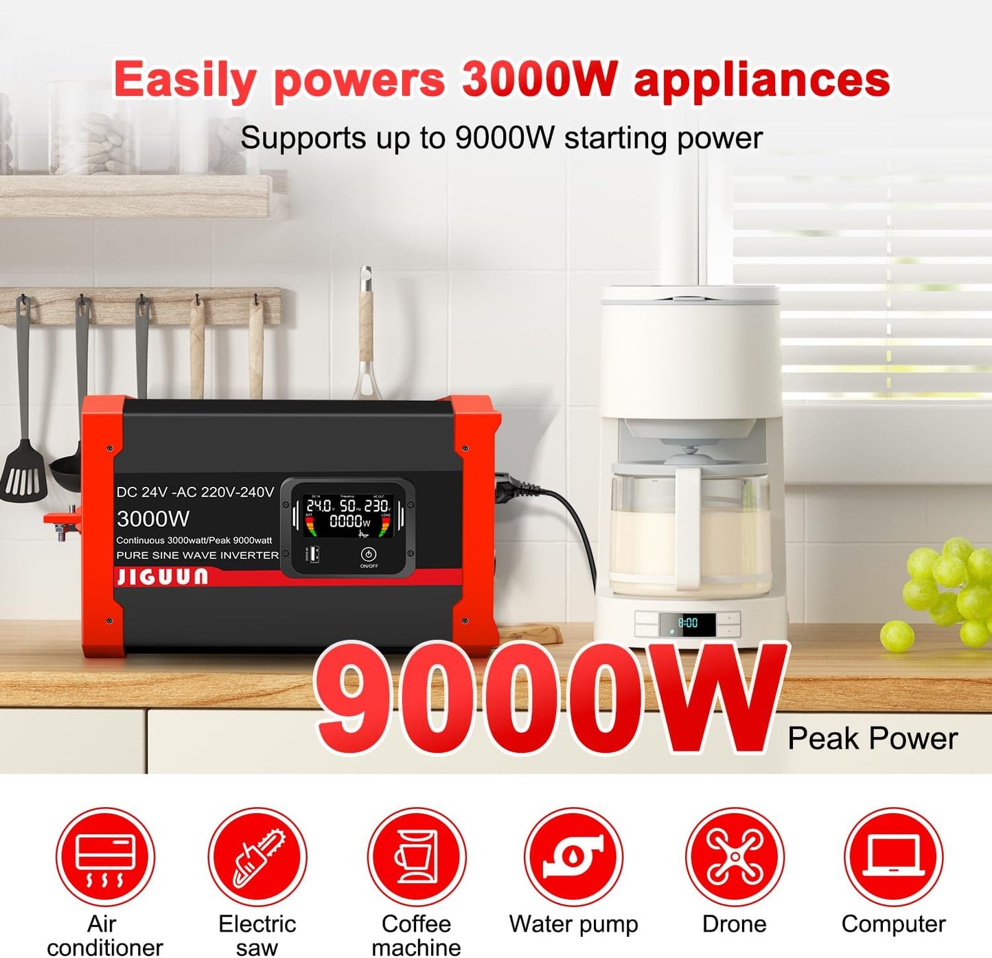 JIGUUN 3000W Omvormer 24V 230V Zuivere sinus Converter inverte met 2 EU stopcontacten & 3 USB+Tycp-C poorten, afneembare afstandsbediening en LCD display Piekvermogen 9000W