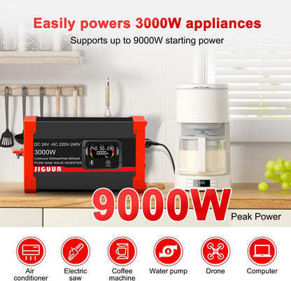 JIGUUN 3000W Omvormer 24V 230V Zuivere sinus Converter inverte met 2 EU stopcontacten & 3 USB+Tycp-C poorten, afneembare afstandsbediening en LCD display Piekvermogen 9000W