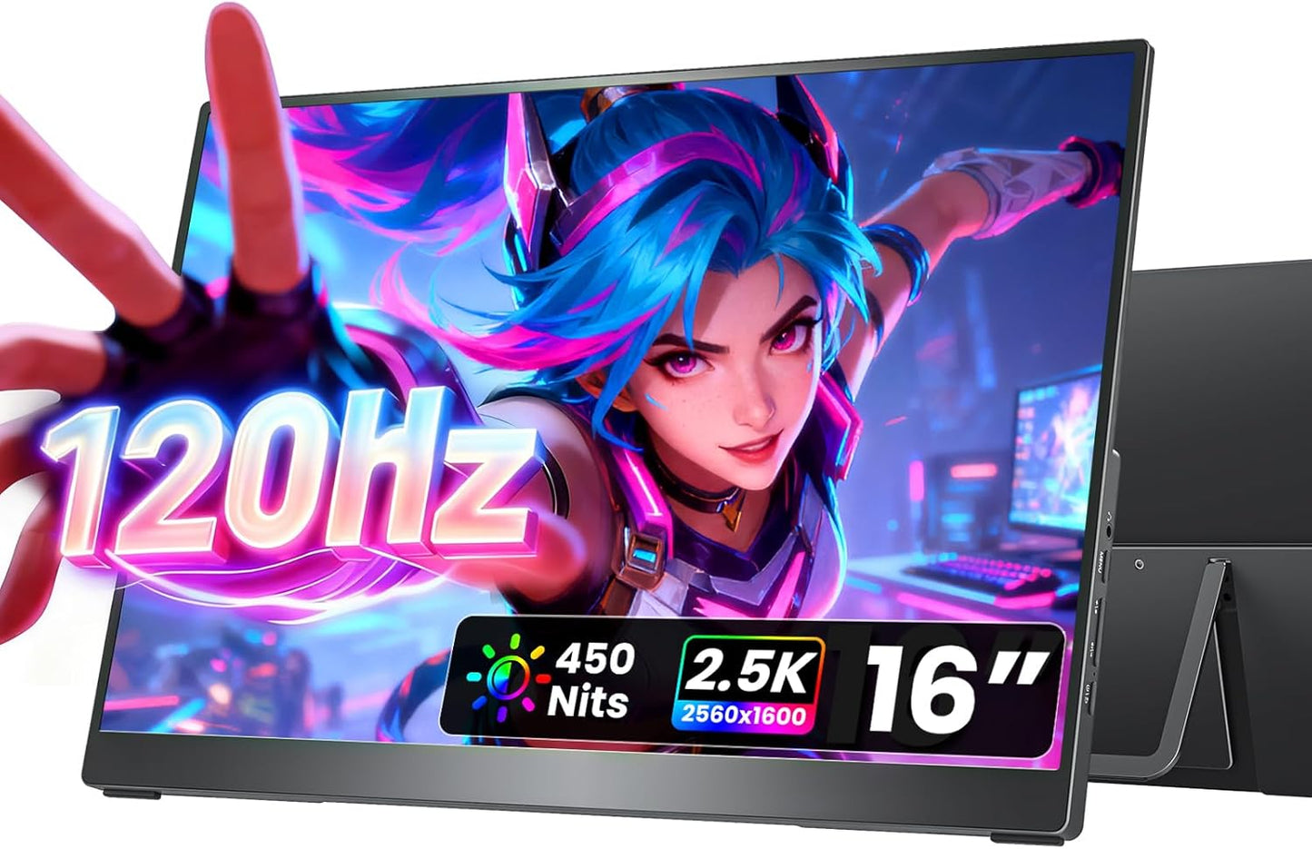 cocopar Draagbare monitor 16 inch 2,5 K QHD 120 Hz 110% sRGB reismonitor met luidspreker HDMI USB-C tweede scherm voor laptop MacBook Surface PC Xbox PS4/5, VESA Mountable, met kickstand
