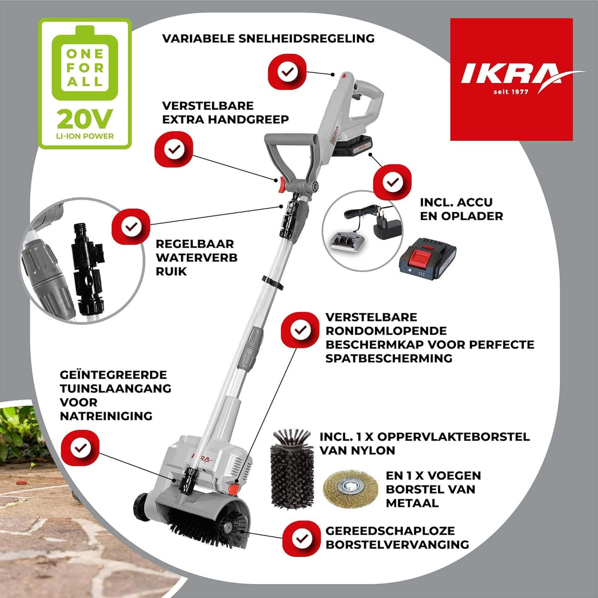 IKRA oppervlaktereiniger voegreiniger Vario Brush IATR 20, incl. nylon oppervlakteborstel, stalen voegenborstel, accu & oplader