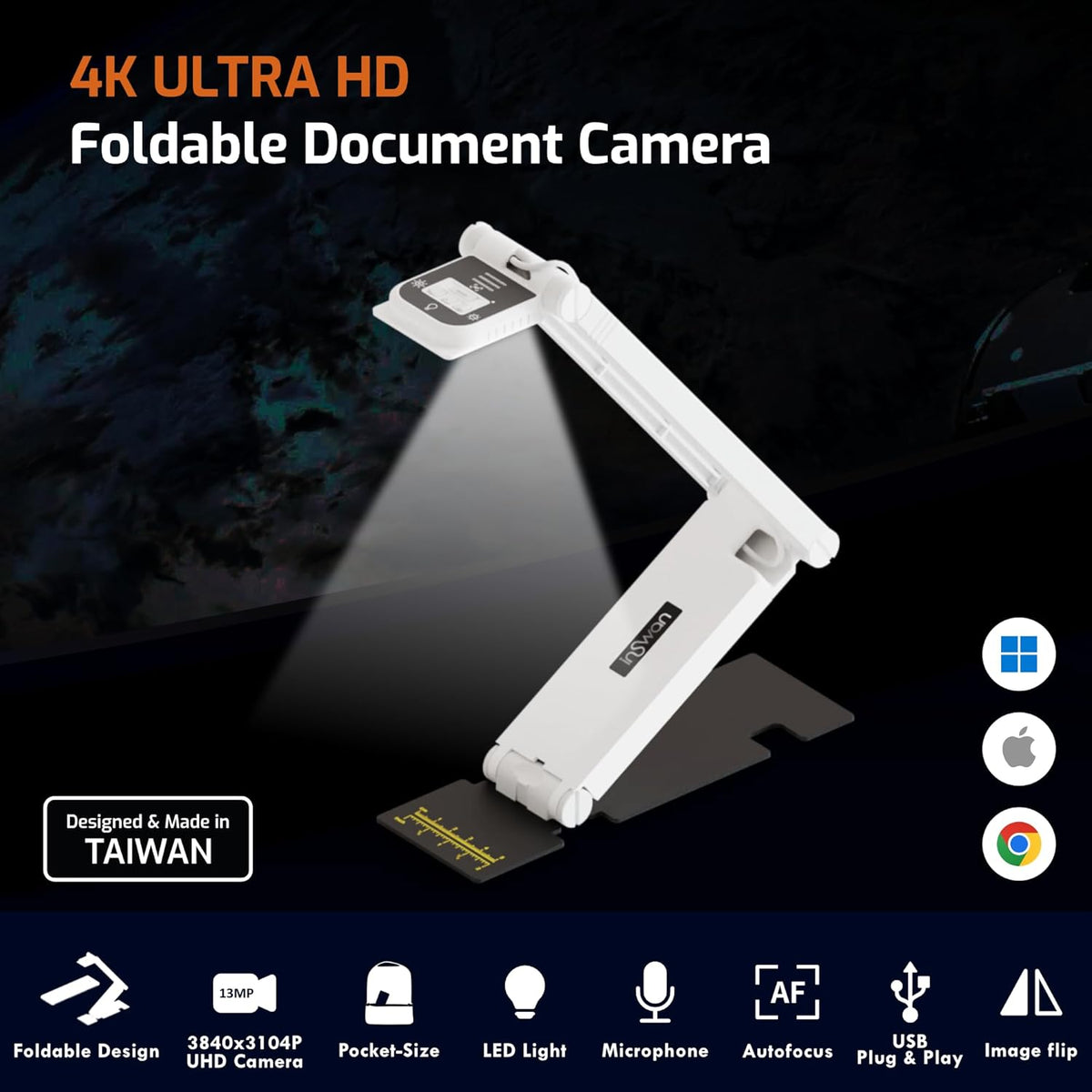 INS-Flip 4 4K USB Draagbare Documentcamera/Webcam/Visualizer – 13MP Ultra HD, Opvouwbaar Ontwerp, Autofocus, Microfoon, LED – Compatibel met Mac OS, Windows, iPad en Chromebook voor Afstandsleren