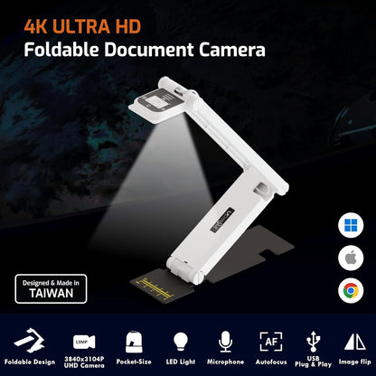 INS-Flip 4 4K USB Draagbare Documentcamera/Webcam/Visualizer – 13MP Ultra HD, Opvouwbaar Ontwerp, Autofocus, Microfoon, LED – Compatibel met Mac OS, Windows, iPad en Chromebook voor Afstandsleren