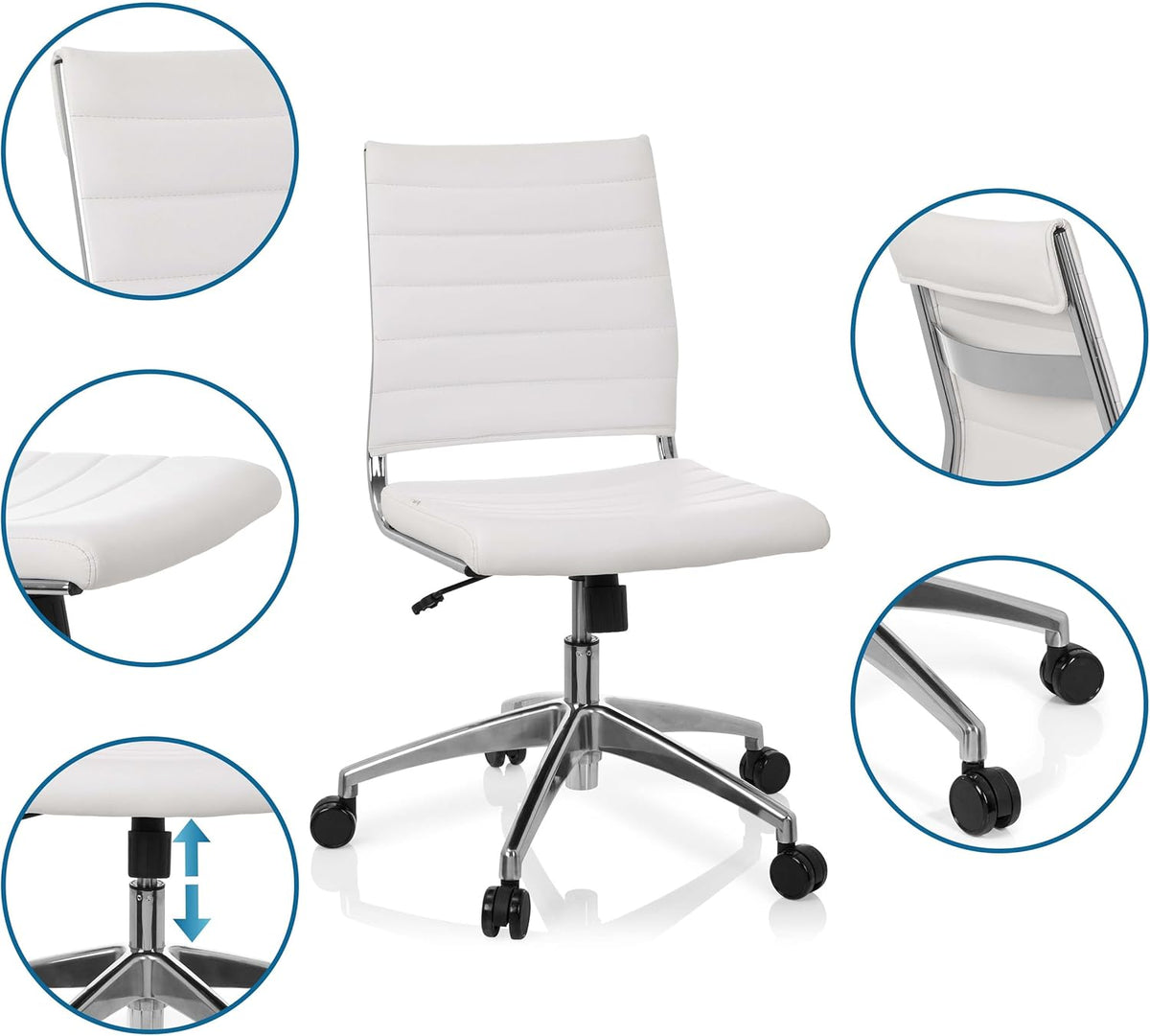 hjh OFFICE 720003 professionele bureaustoel TRISHA kunstleer wit moderne draaistoel zonder armleuningen, gewatteerde bekleding