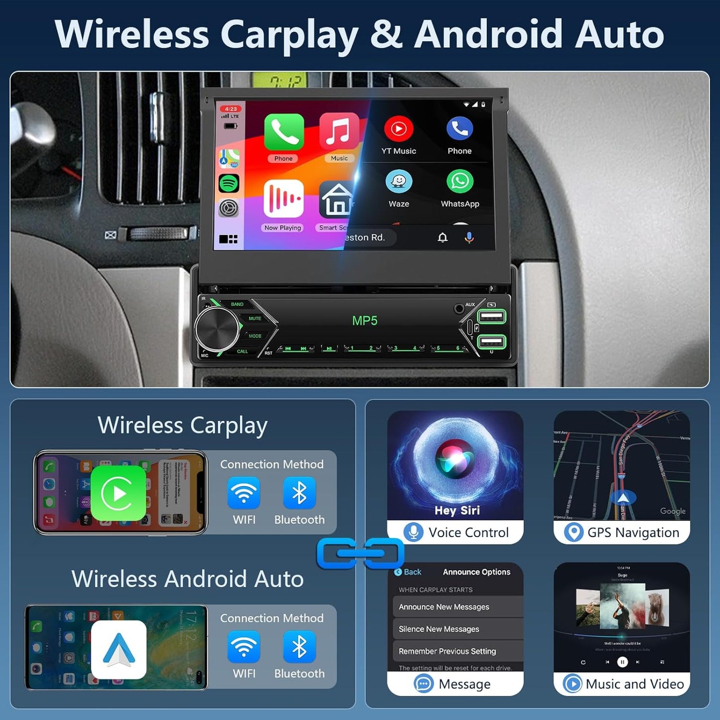 Dutch Brand Draadloze Carplay autoradio 1 Din met DAB+/DAB adapter voor Android Auto 7 inch uitschuifbaar scherm met Mirror Link, Bluetooth, FM- en USB-radio, AUX stuurbediening en achteruitrijcamera