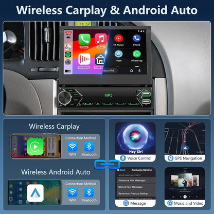 Dutch Brand Draadloze Carplay autoradio 1 Din met DAB+/DAB adapter voor Android Auto 7 inch uitschuifbaar scherm met Mirror Link, Bluetooth, FM- en USB-radio, AUX stuurbediening en achteruitrijcamera