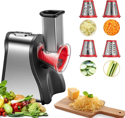 Multifunctionele Elektrische Rasp - Groentesnijder - Foodprocessor - met 4 Kegelmessen - voor Kaas - Wortels - Aardappelen - Vaatwasmachinebestendig - Gemakkelijk te Reinigen - 200W - RVS - Rood