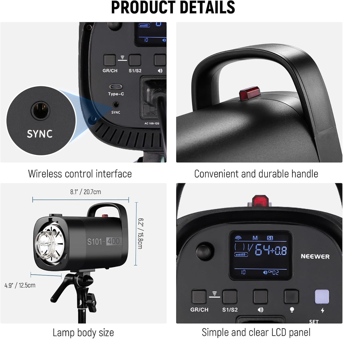 NEEWER 800Ws Studio Monolight Strobe Flash Set: S101-400W PRO 5600K flitslicht Studio met 2,4G trigger/150W instellamp/Bowens Mount/softboxen/standaard/reflector/tas, compatibel met QPRO