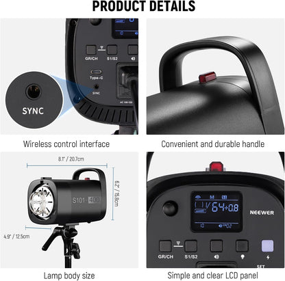 NEEWER 800Ws Studio Monolight Strobe Flash Set: S101-400W PRO 5600K flitslicht Studio met 2,4G trigger/150W instellamp/Bowens Mount/softboxen/standaard/reflector/tas, compatibel met QPRO