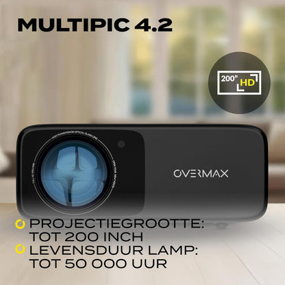 Overmax Multipic 4.2 Full HD 1080p LED Projector: 200" Groot Scherm 4500 Lumen 50000u Lampduur Wi-Fi & BT HMDMI USB Ingebouwde Luidspreker Beleef EURO 2024 en Filmavonden Thuis in Ultieme HD Kwaliteit