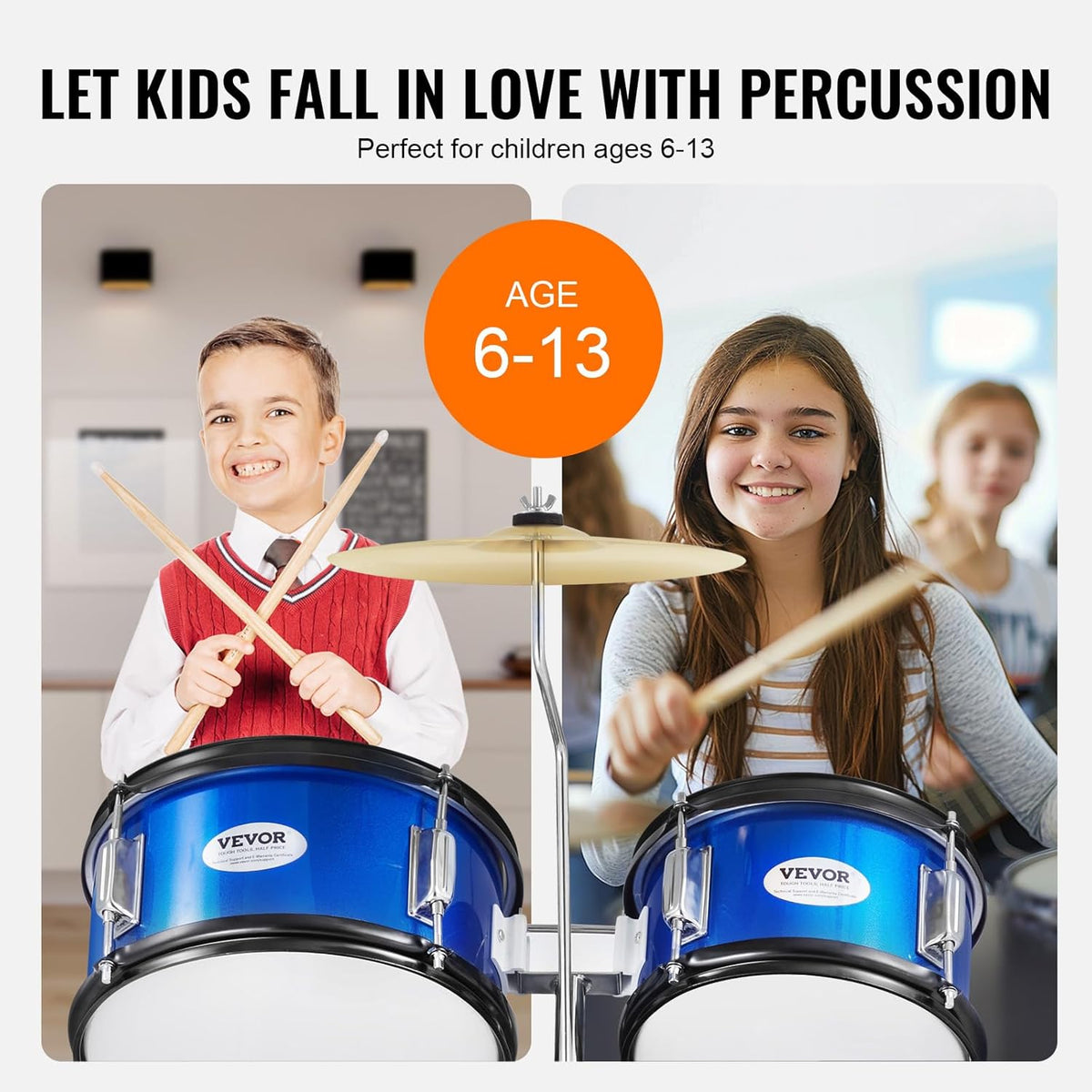 VEVOR 5-delige 40,6 cm Beginner Volledige Set met Bass Toms Snare Floor Verstelbare Troon Bekken Hi-Hat Pedaal en Twee Paar Drumsticks, Starter Drumkit voor Kind Kinderen, Blauw (SH-002-BL)
