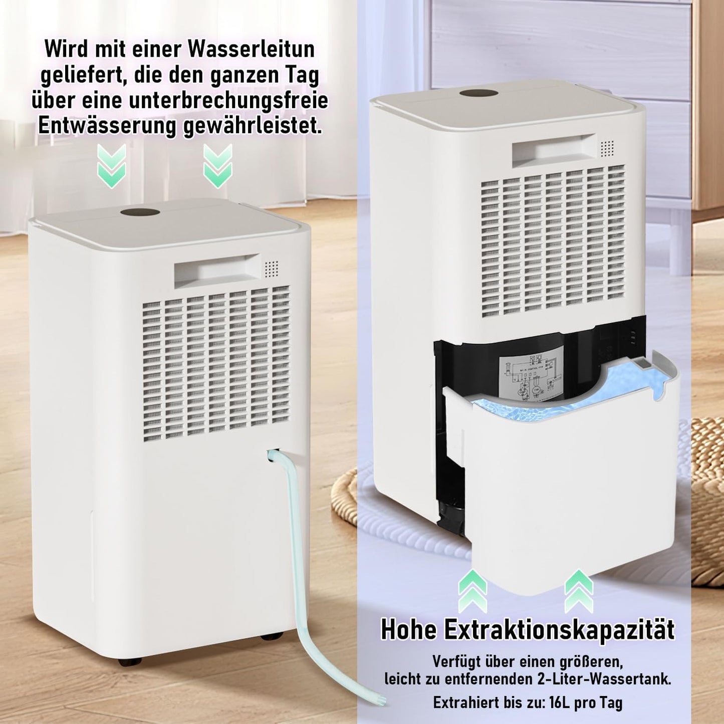 Luchtontvochtiger 16 l/dag ontvochtigingsvermogen - met 3 bedrijfsmodi, digitaal display, afvoerslang, timer 24 uur, ontdooifunctie, waterreservoir 2 l, tegen vocht en schimmel