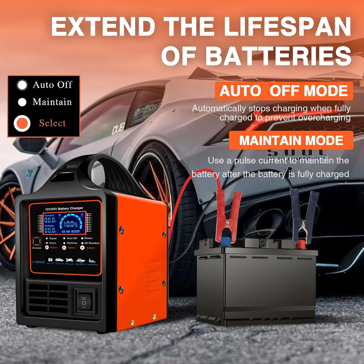 SolaMr 12V/24V Auto-Accu-Lader, 0-20A Snelle Auto-Accu-Lade-Eenheden, Automatische Intelligentie Drip-Lader met Reparatiefunctie, Wintermodus, voor AGM Auto's, Vrachtwagens en Motorcycles
