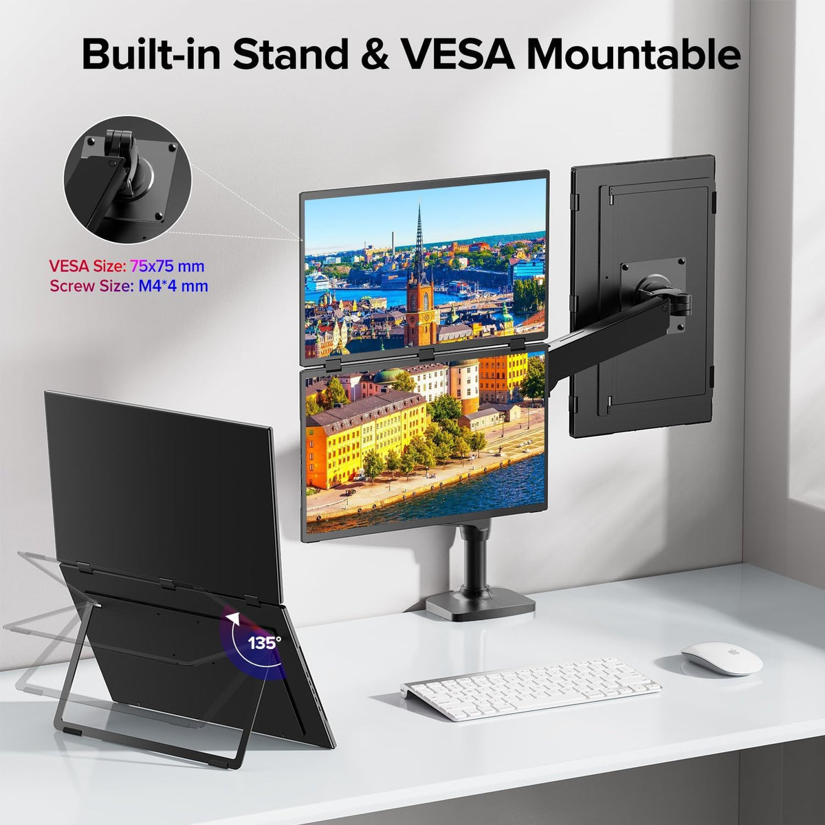 UPERFECT Delta 18.5" 100Hz Portable Monitor, Laptop Screen Extender 1080P HDR 360° Folding Stacked Triple Monitor with Stand & VESA for Laptop PC Phone Game Console (No Driver) - QUORE