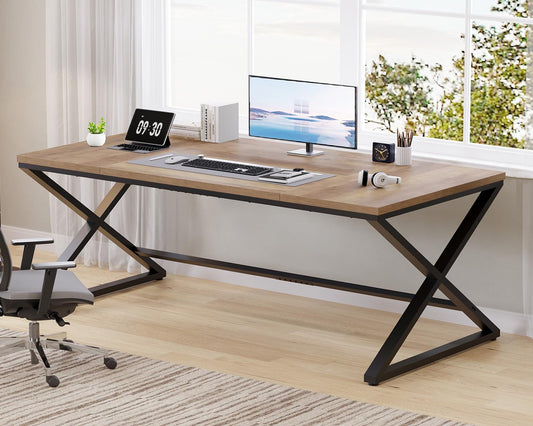 LVB Rustiek Groot Bureau voor Thuiskantoor, 70.8" Lang en Breed Computerbureau, Houten Metalen Werktafel voor Leren Schrijven Gamen, Boerderij Dubbel Monitor Werkstation Executive Computer Desk, Licht