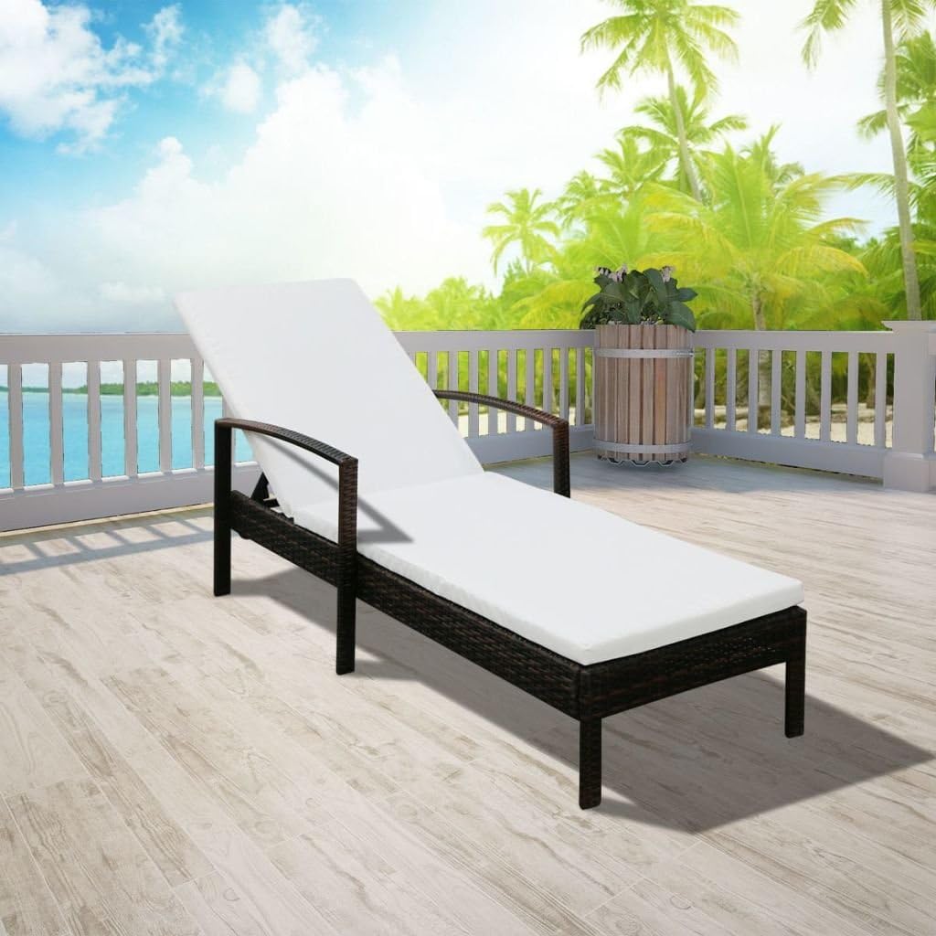 Festnight Sun Lounger Garden Lounger with Poly Rattan Cushion Brown/Black Outdoor Garden Lounger 195 x 68 x 52 cm - QUORE