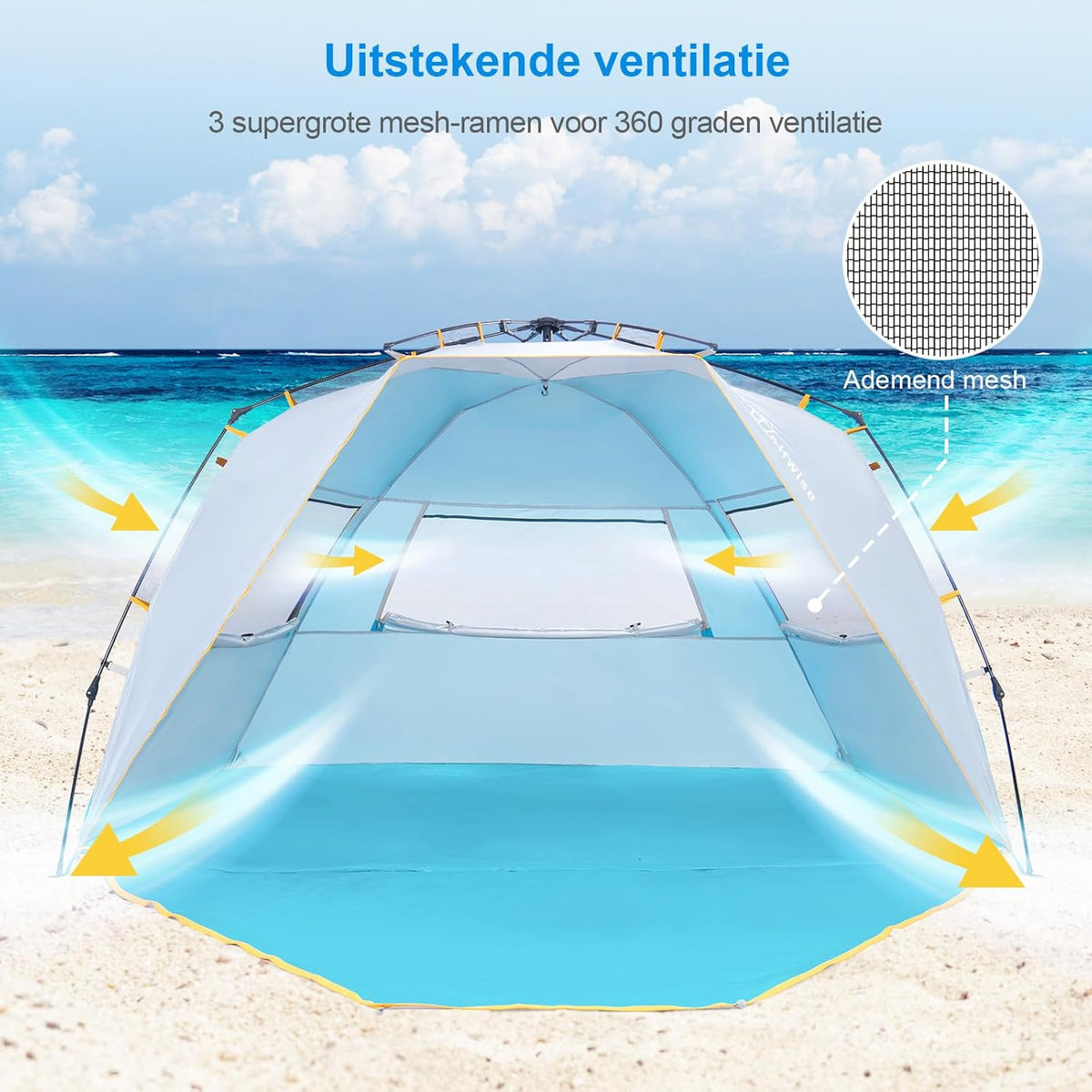 Wolfwise 4-5 Persoons Makkelijk Opzetten Strandtent UPF 50+ Draagbare Instant Zonwering Luifelparaplu met Verlengde Veranda met Ritssluiting, Blauw