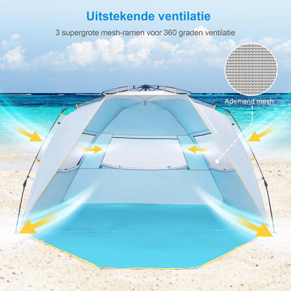 Wolfwise 4-5 Persoons Makkelijk Opzetten Strandtent UPF 50+ Draagbare Instant Zonwering Luifelparaplu met Verlengde Veranda met Ritssluiting, Blauw