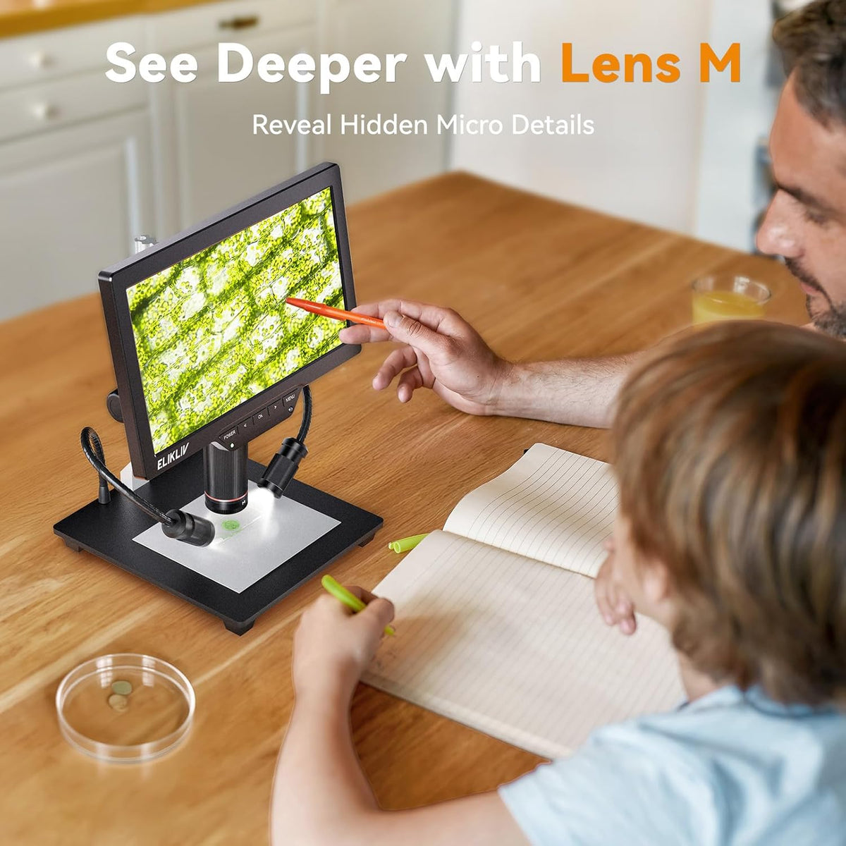 Elikliv 4K Digitale Microscoop TL301: 3-Lens Magnetische Muntmicroscoop met 7" IPS-Scherm, Zijverlichting, 10" Standaard, PC/TV-Compatibel, 64GB